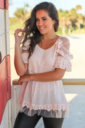 Blush Top with Pleated Front and Mesh Detail