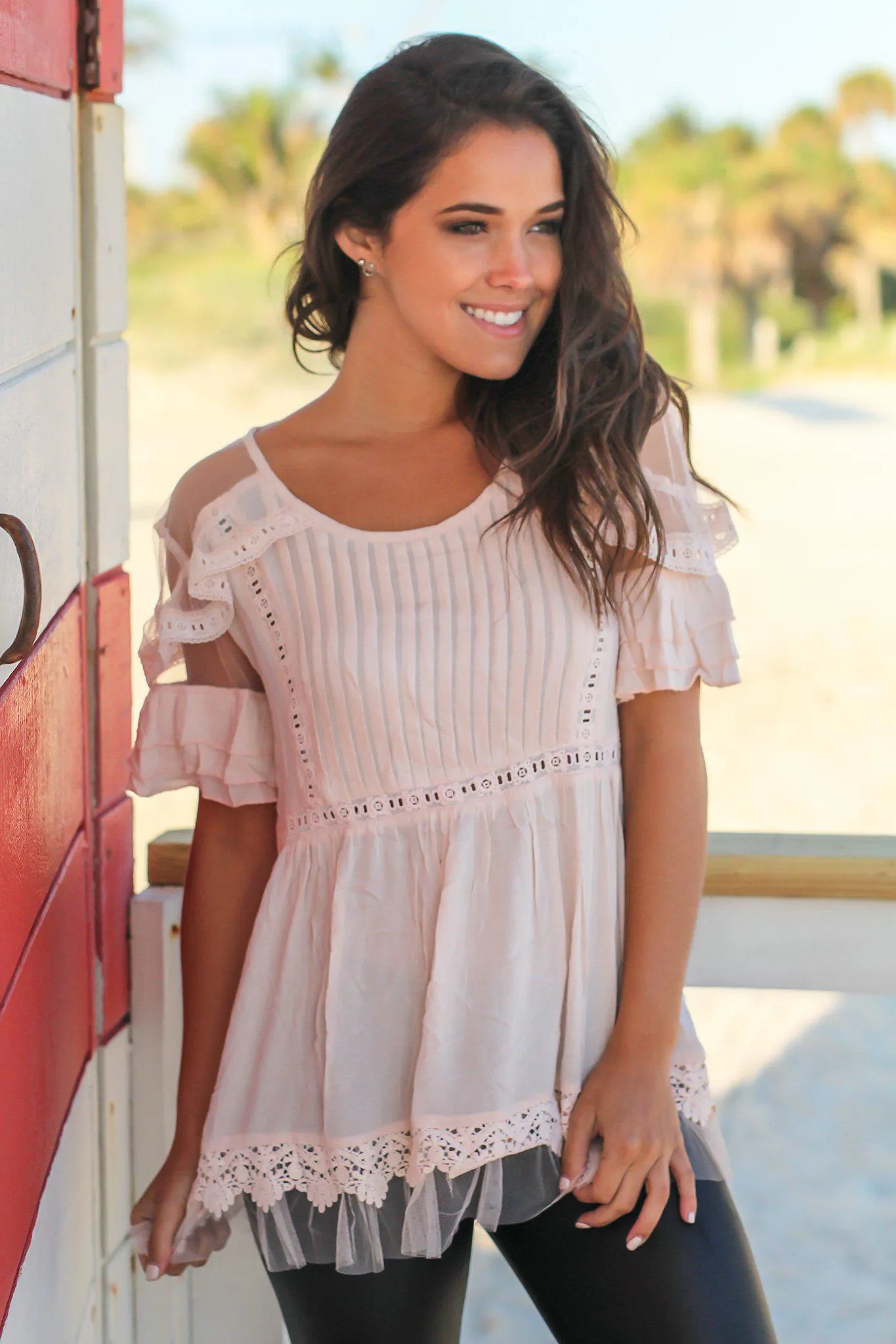 Blush Top with Pleated Front and Mesh Detail