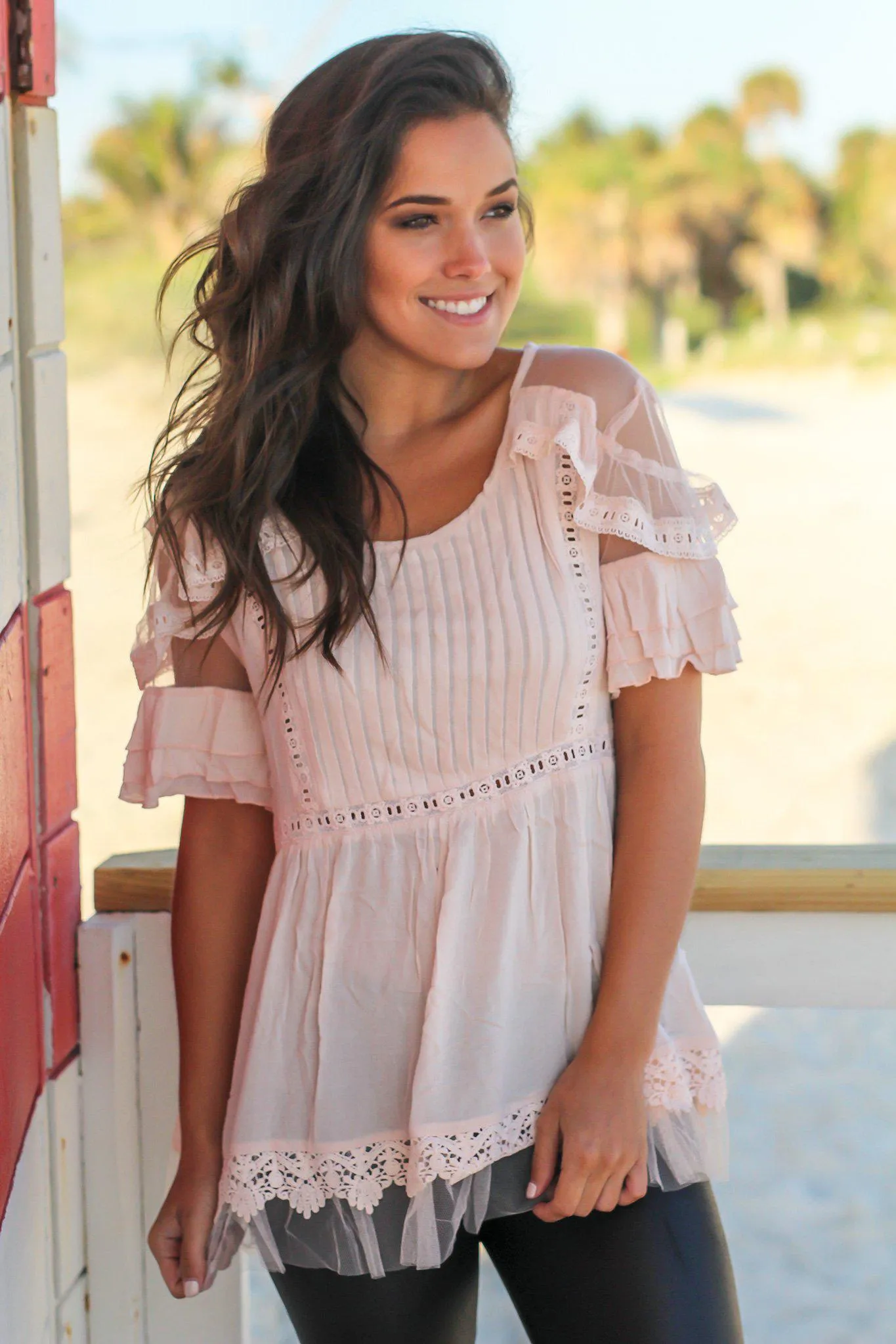 Blush Top with Pleated Front and Mesh Detail