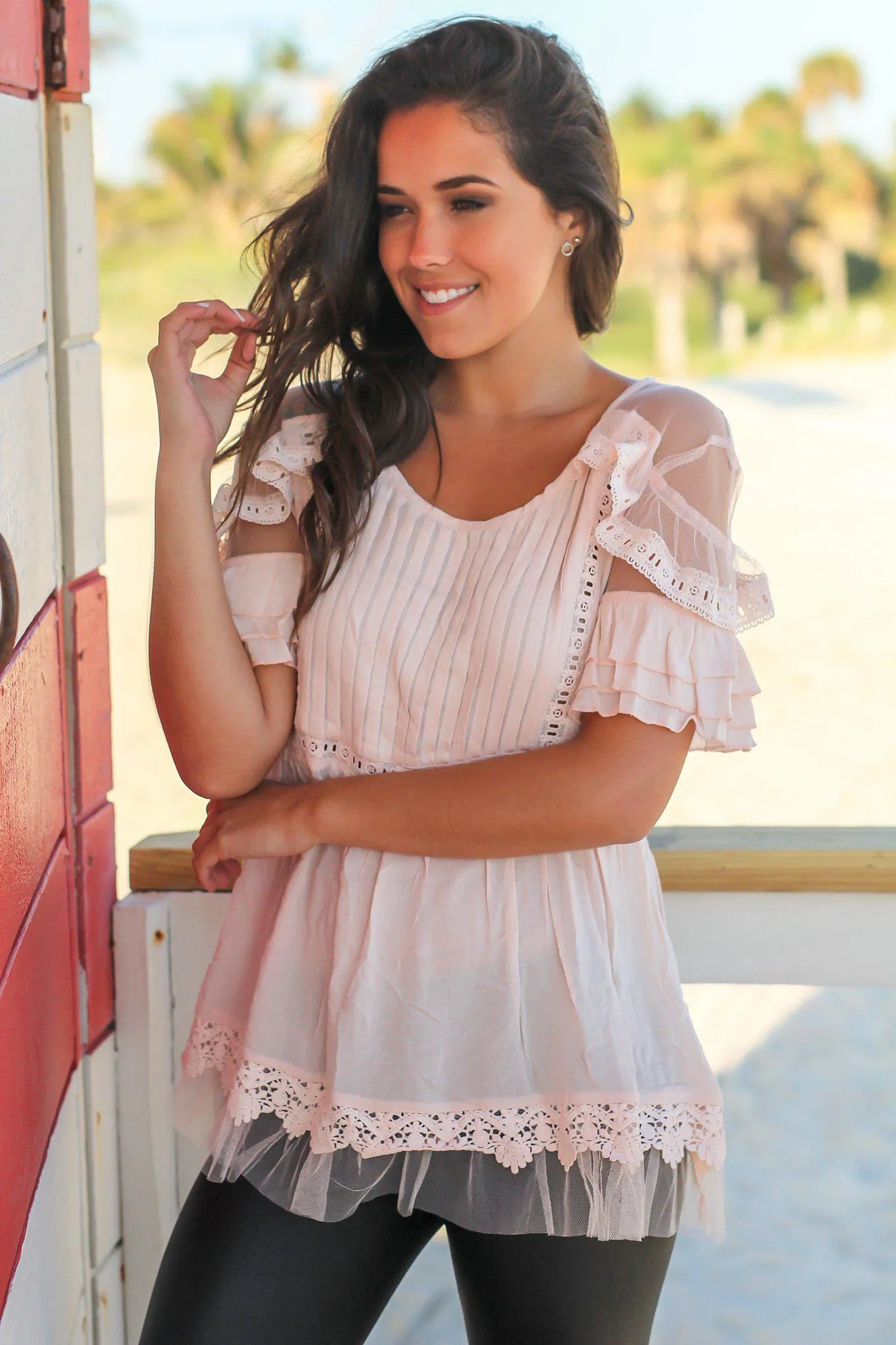 Blush Top with Pleated Front and Mesh Detail