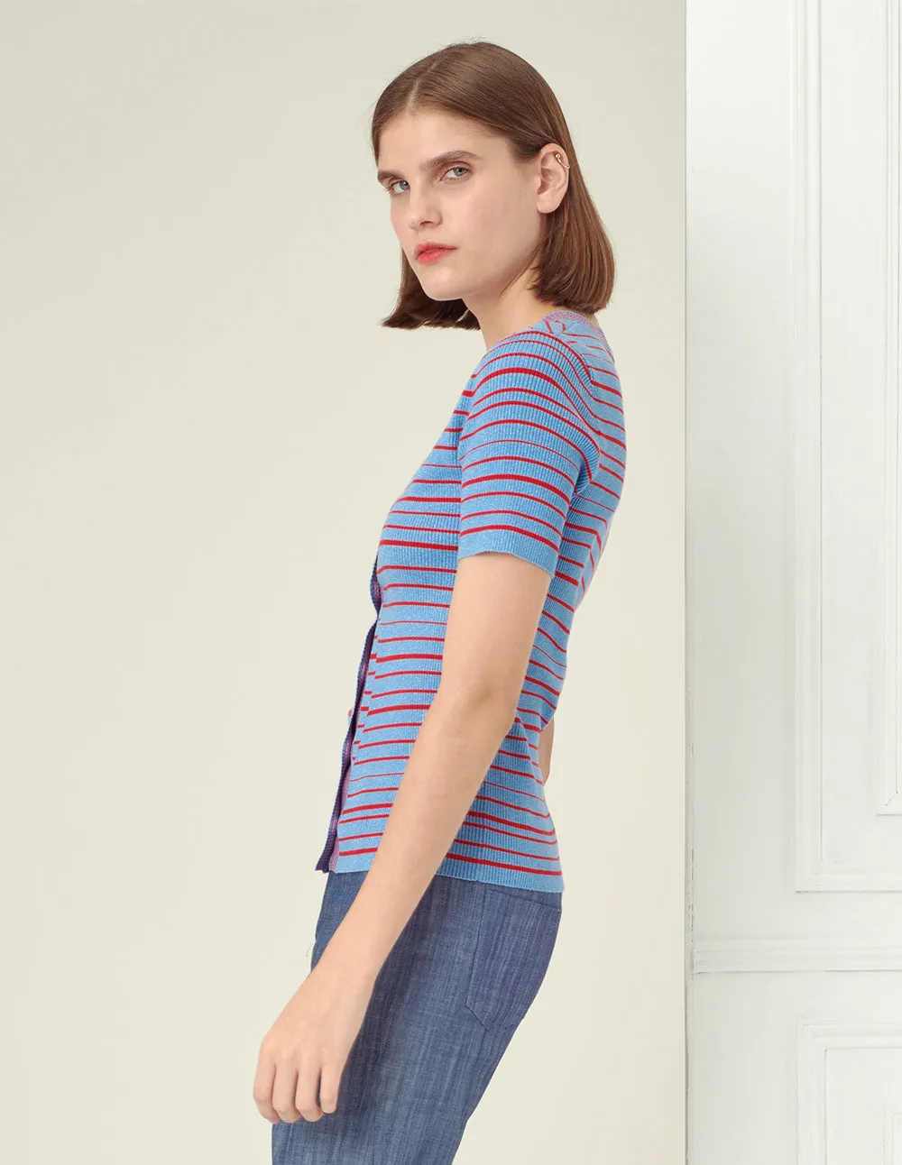 BORA AKSU V-neck red blue colour-block stripes cardigan