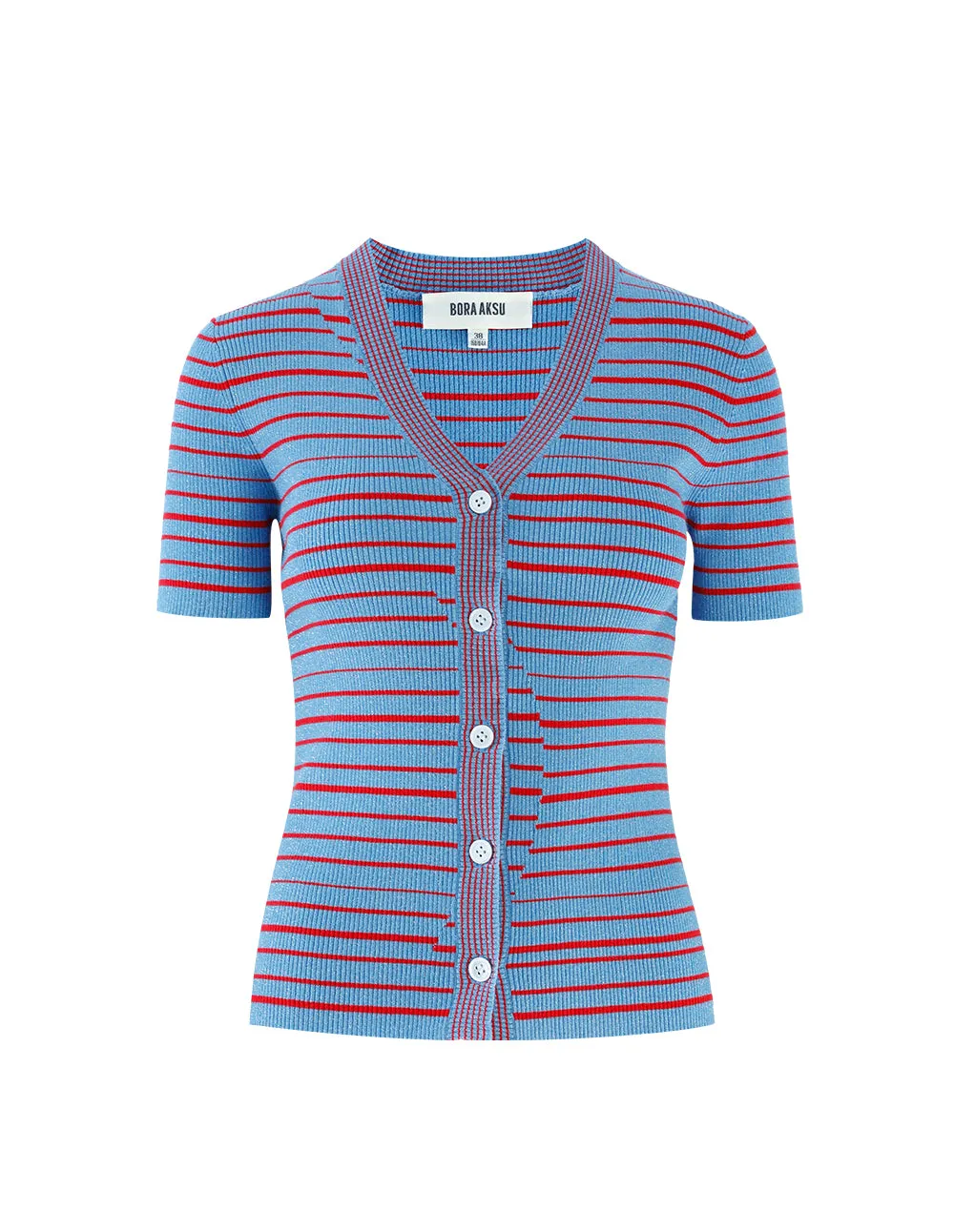 BORA AKSU V-neck red blue colour-block stripes cardigan