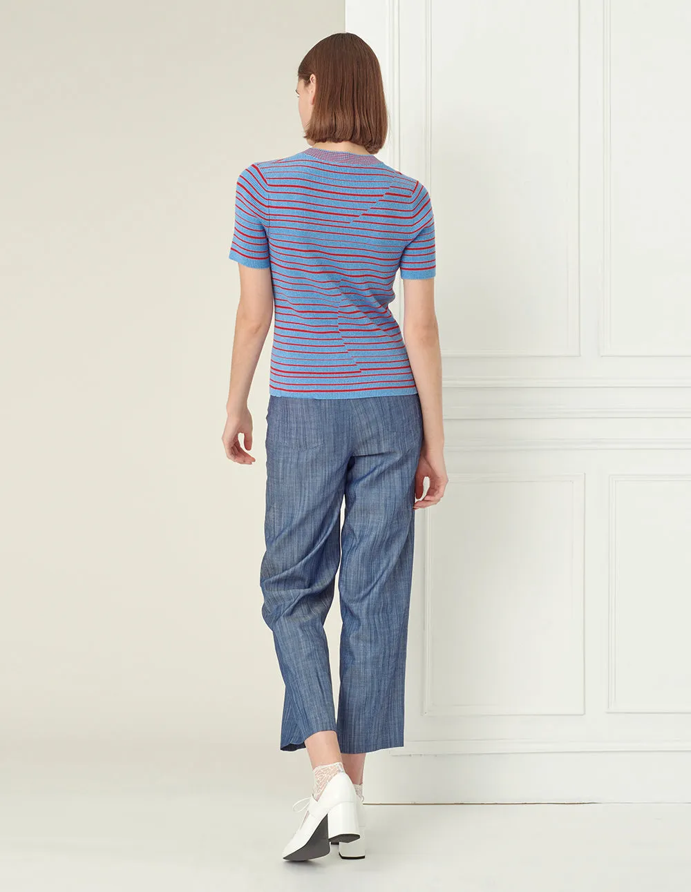 BORA AKSU V-neck red blue colour-block stripes cardigan