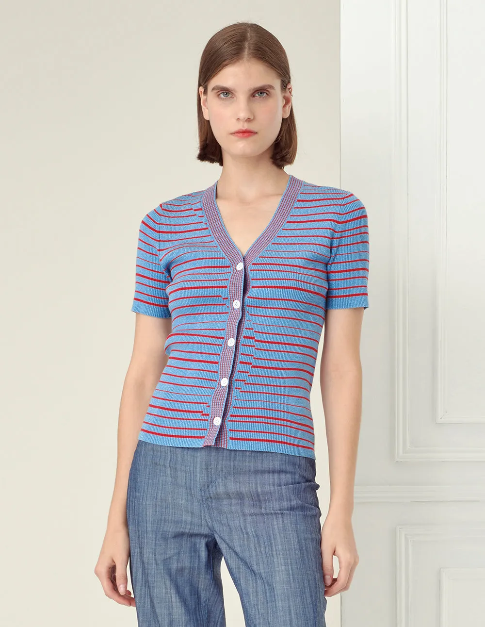 BORA AKSU V-neck red blue colour-block stripes cardigan