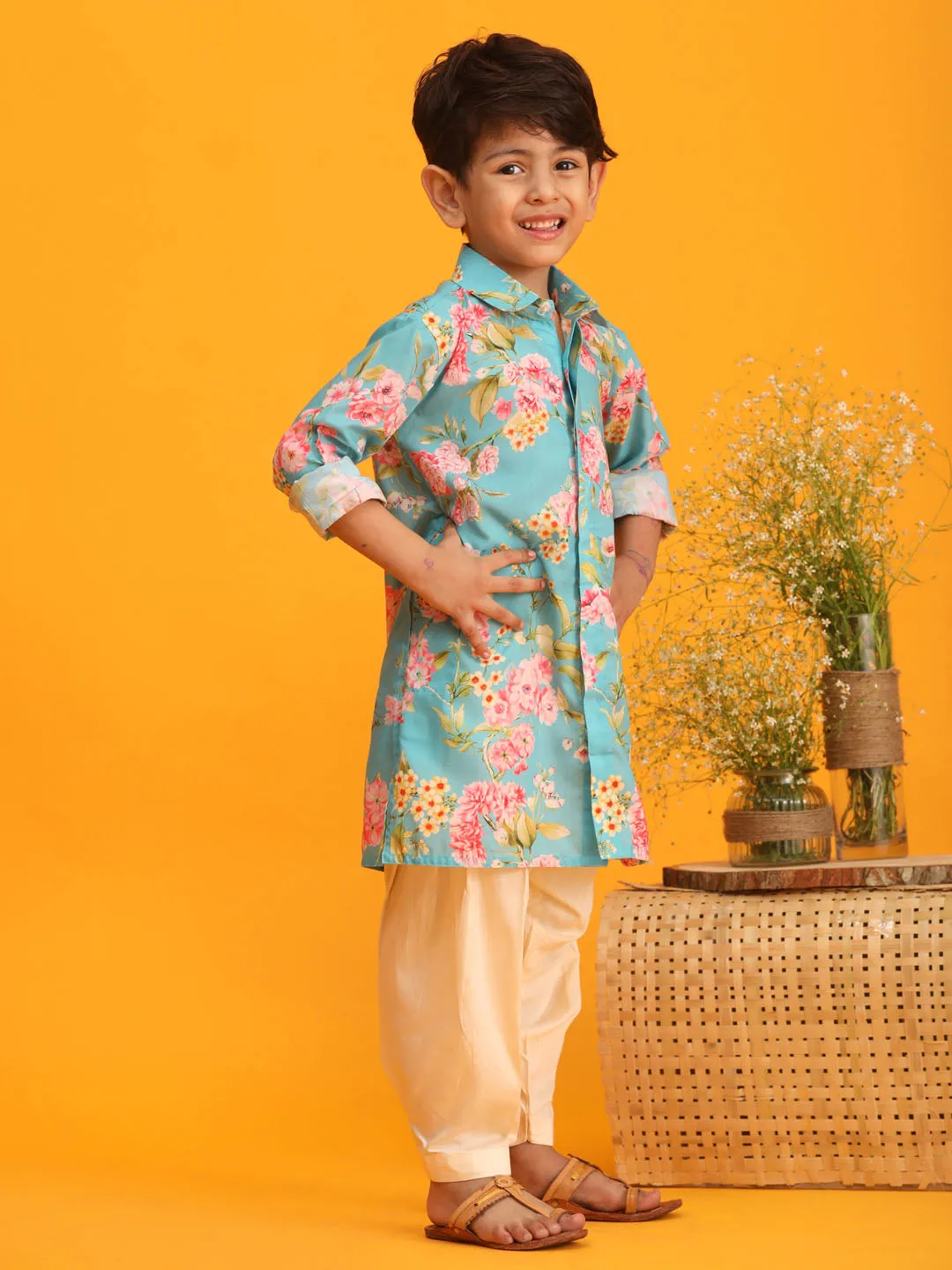Boy's Multicolor Base Aqua Kurta Patiala Set - Vastramay Boys