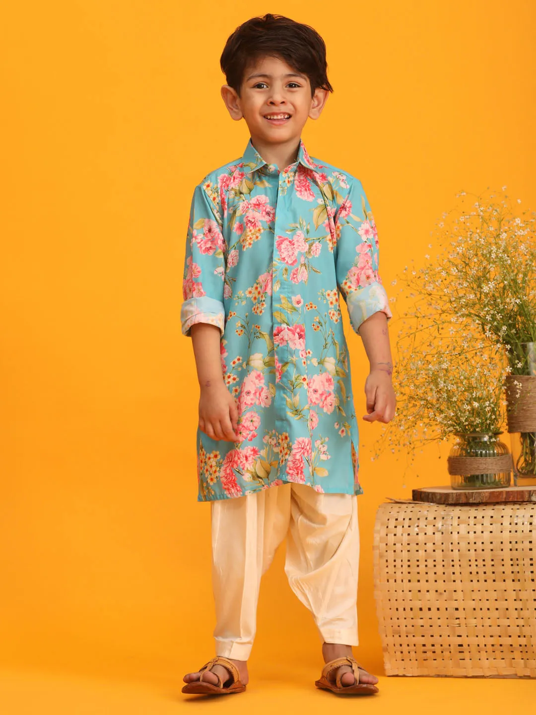 Boy's Multicolor Base Aqua Kurta Patiala Set - Vastramay Boys