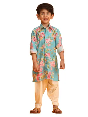 Boy's Multicolor Base Aqua Kurta Patiala Set - Vastramay Boys