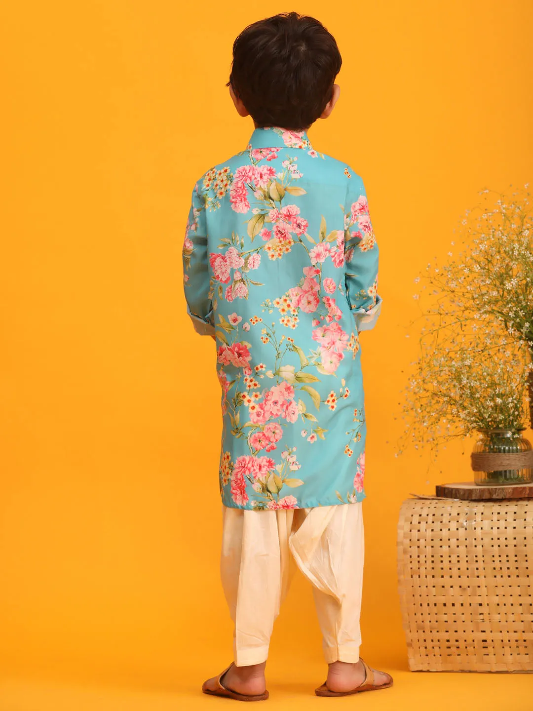 Boy's Multicolor Base Aqua Kurta Patiala Set - Vastramay Boys