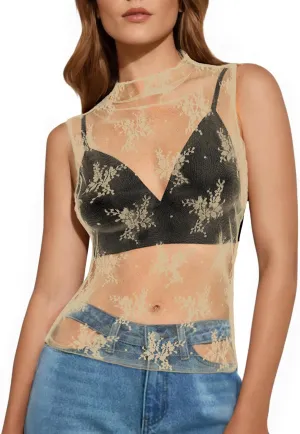 Buauty Mesh Long Sleeve Top for Women, Lace Sheer Tops See Through Mock Neck Floral Embroidery Sheer Blouce Fishnet Shirt