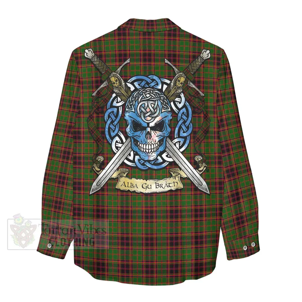 Buchan Tartan Women's Casual Shirt with Family Crest Celtic Skull Style