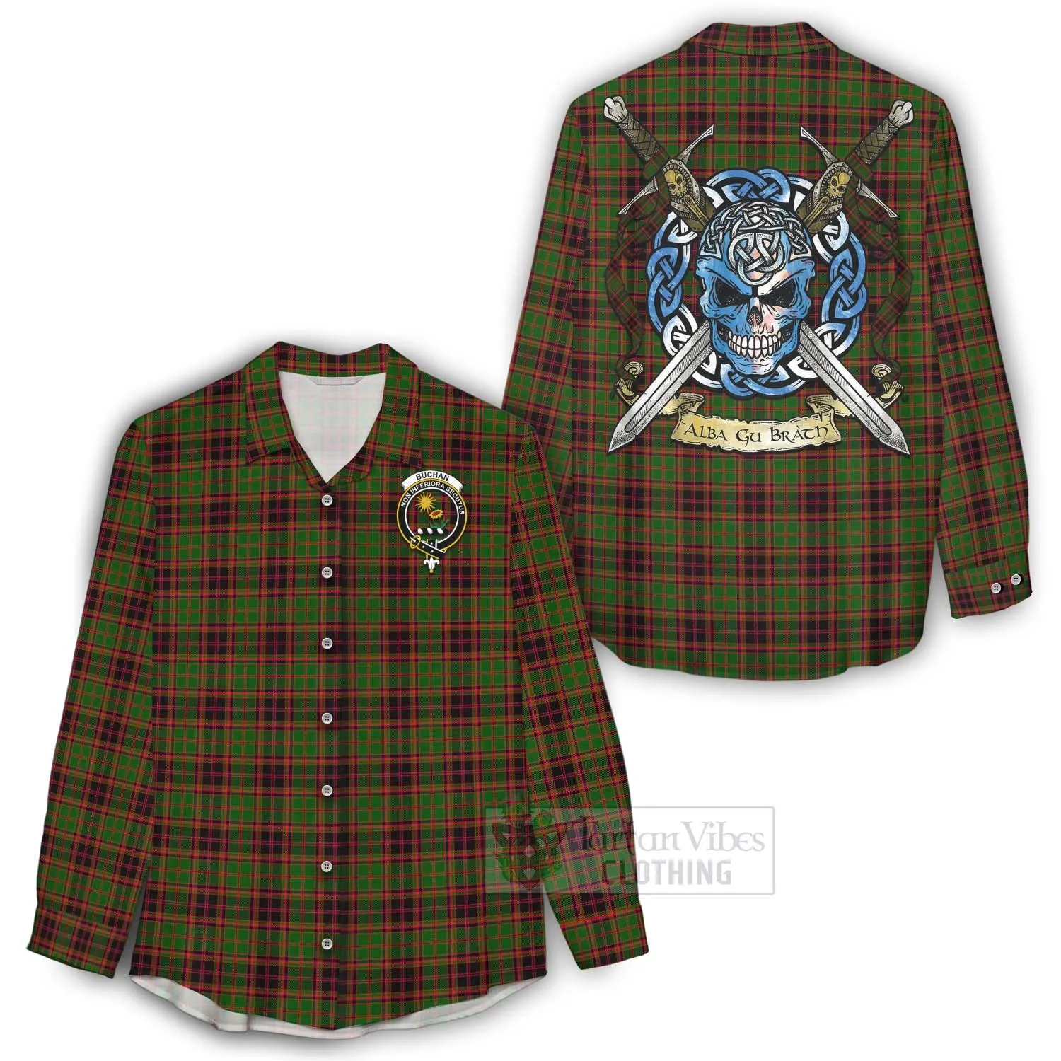 Buchan Tartan Women's Casual Shirt with Family Crest Celtic Skull Style