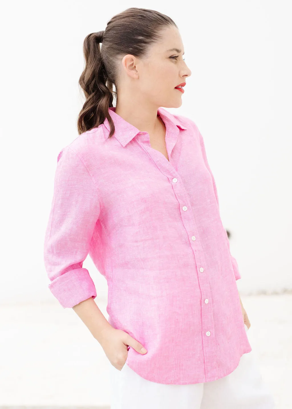 Casual Linen Shirt Bright Pink