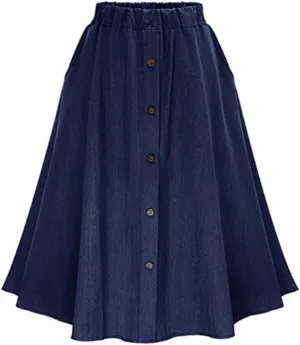 CHARTOU Womens Stretchy High Waist 5-Buttons Front A-Line Flowy Midi Skirts