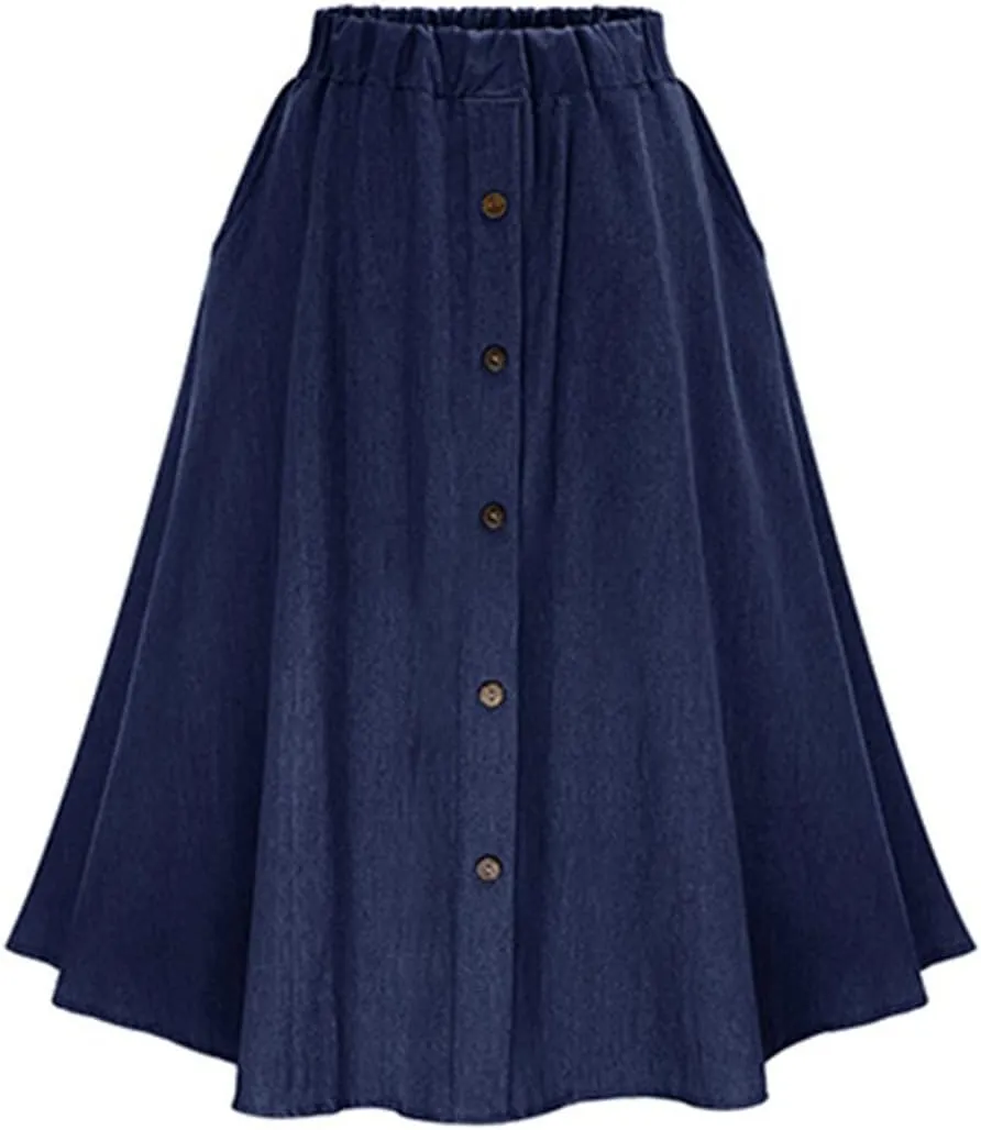CHARTOU Womens Stretchy High Waist 5-Buttons Front A-Line Flowy Midi Skirts