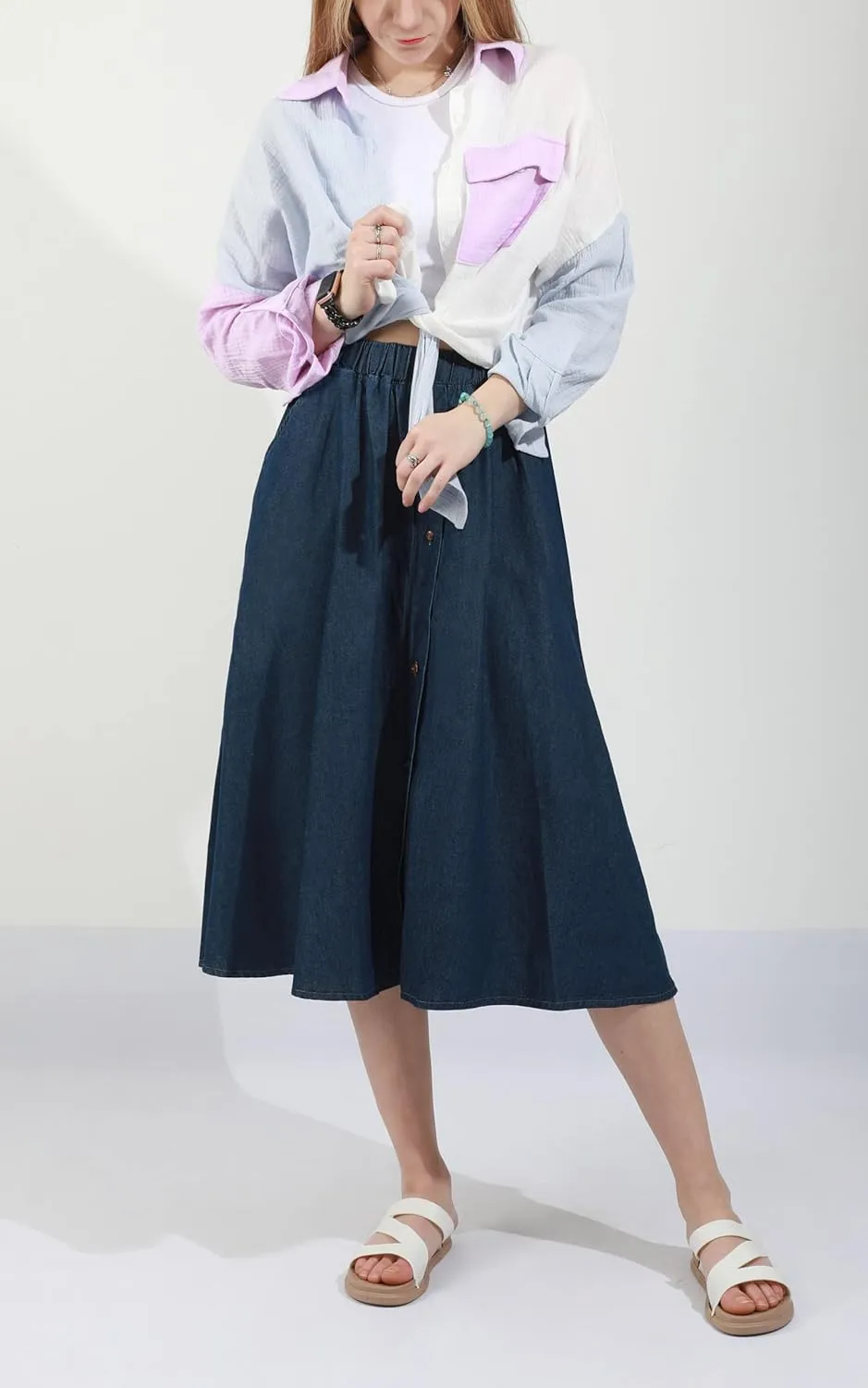 CHARTOU Womens Stretchy High Waist 5-Buttons Front A-Line Flowy Midi Skirts
