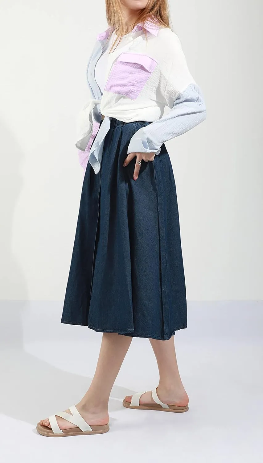 CHARTOU Womens Stretchy High Waist 5-Buttons Front A-Line Flowy Midi Skirts