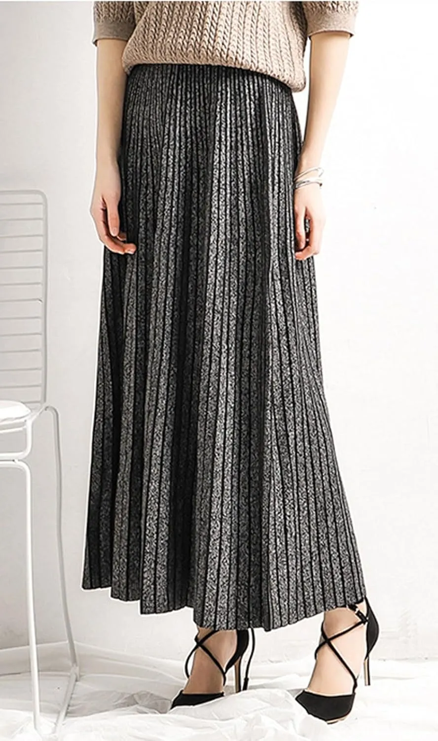 CHARTOU Women's Winter Reversible Stretchy Waist Knitted A Line Pleated Midi Skirt