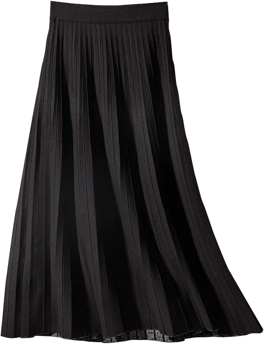 CHARTOU Women's Winter Reversible Stretchy Waist Knitted A Line Pleated Midi Skirt