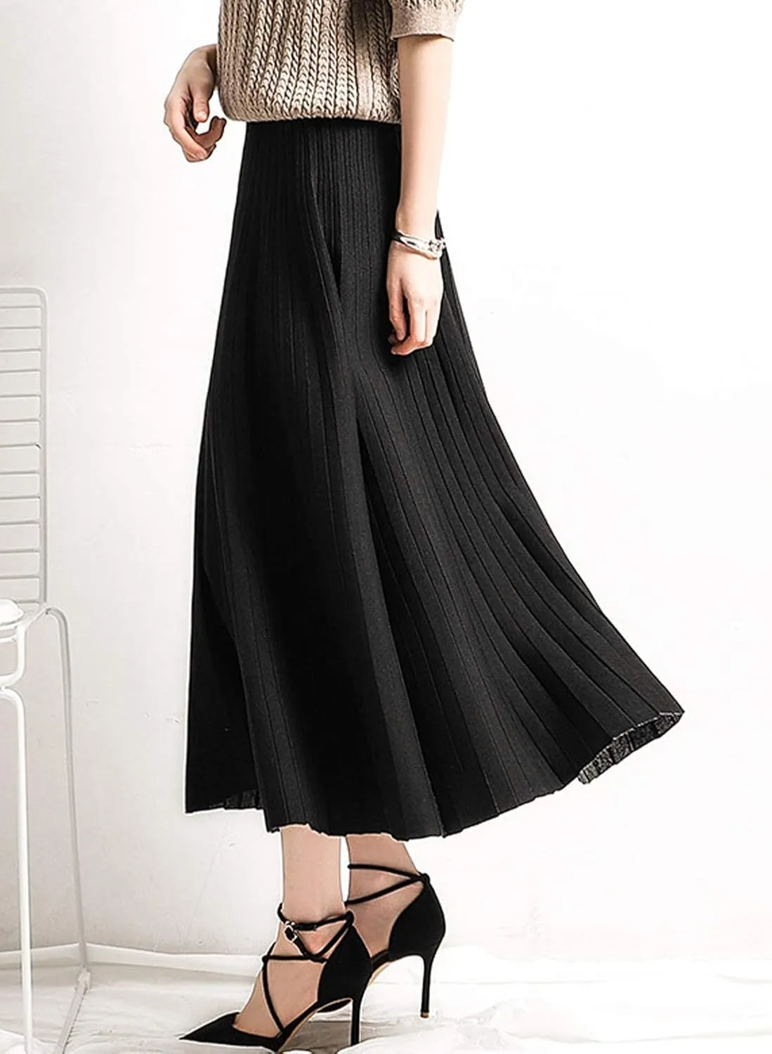 CHARTOU Women's Winter Reversible Stretchy Waist Knitted A Line Pleated Midi Skirt