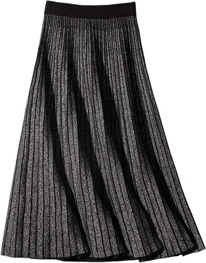 CHARTOU Women's Winter Reversible Stretchy Waist Knitted A Line Pleated Midi Skirt