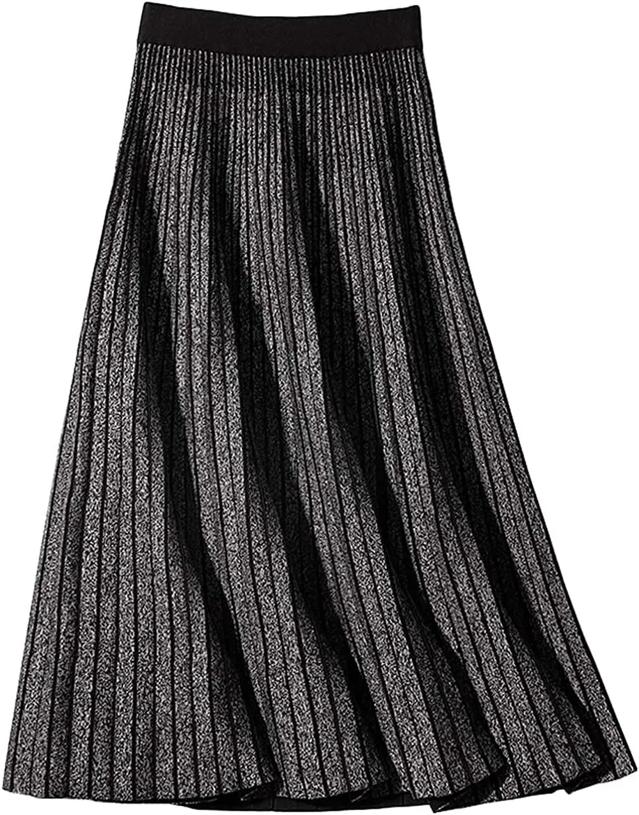 CHARTOU Women's Winter Reversible Stretchy Waist Knitted A Line Pleated Midi Skirt