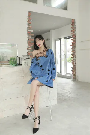 CHEERART Embroidered Leopard Cat Off Shoulder Satin Dress