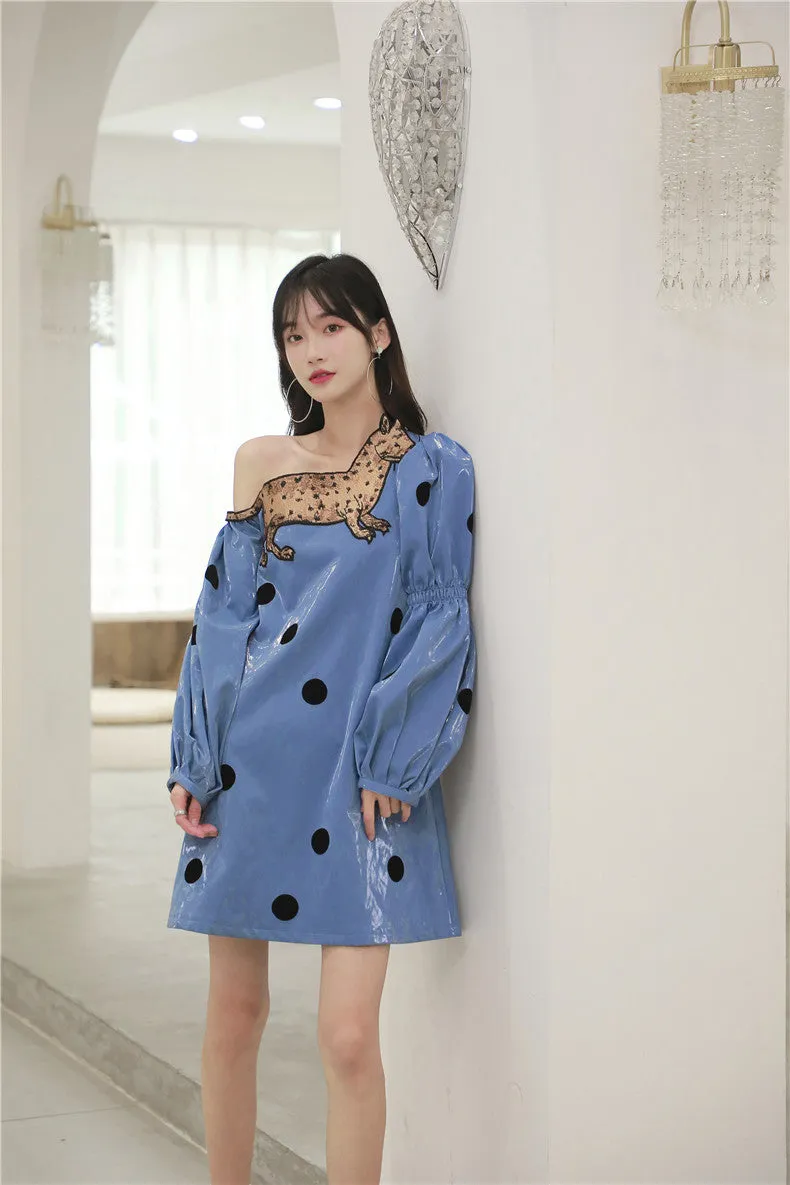 CHEERART Embroidered Leopard Cat Off Shoulder Satin Dress