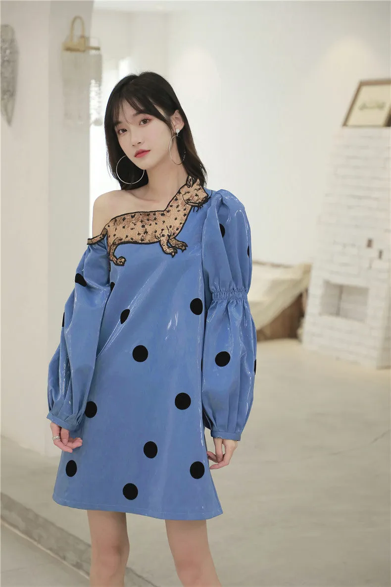 CHEERART Embroidered Leopard Cat Off Shoulder Satin Dress
