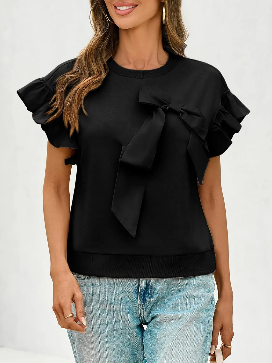 Cicy Bell Womens Ruffle Sleeve T Shirts Summer Casual Bow Tops Loose Fit Crew Neck Tees