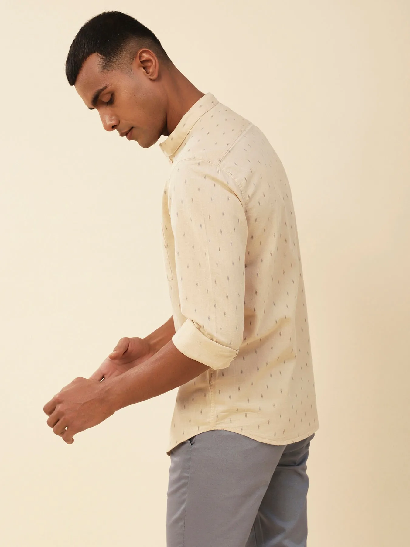 Cotton Linen Beige Printed Mandarin Collar Casual Shirt