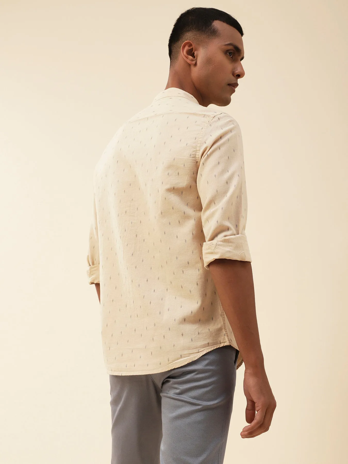 Cotton Linen Beige Printed Mandarin Collar Casual Shirt