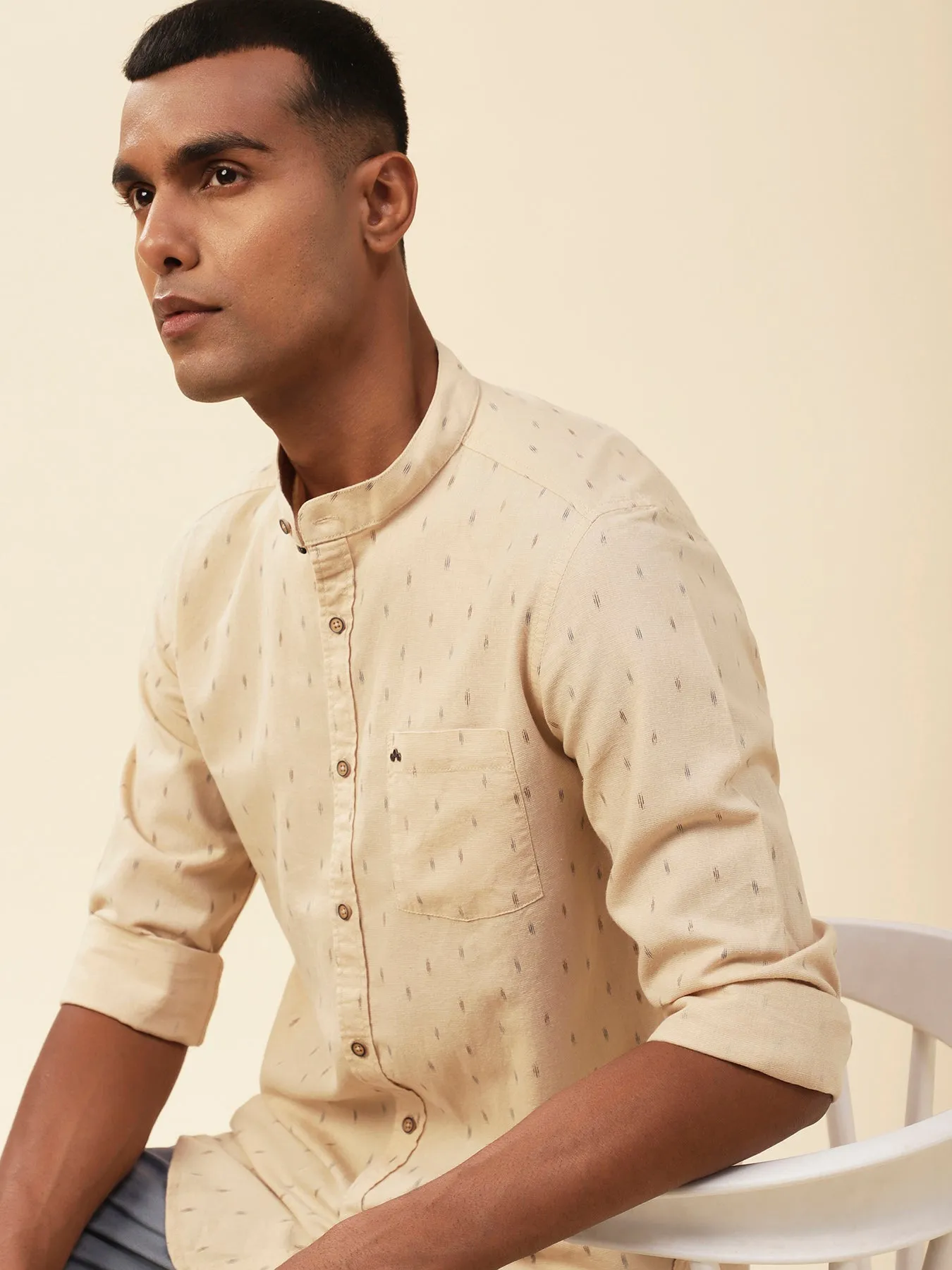 Cotton Linen Beige Printed Mandarin Collar Casual Shirt