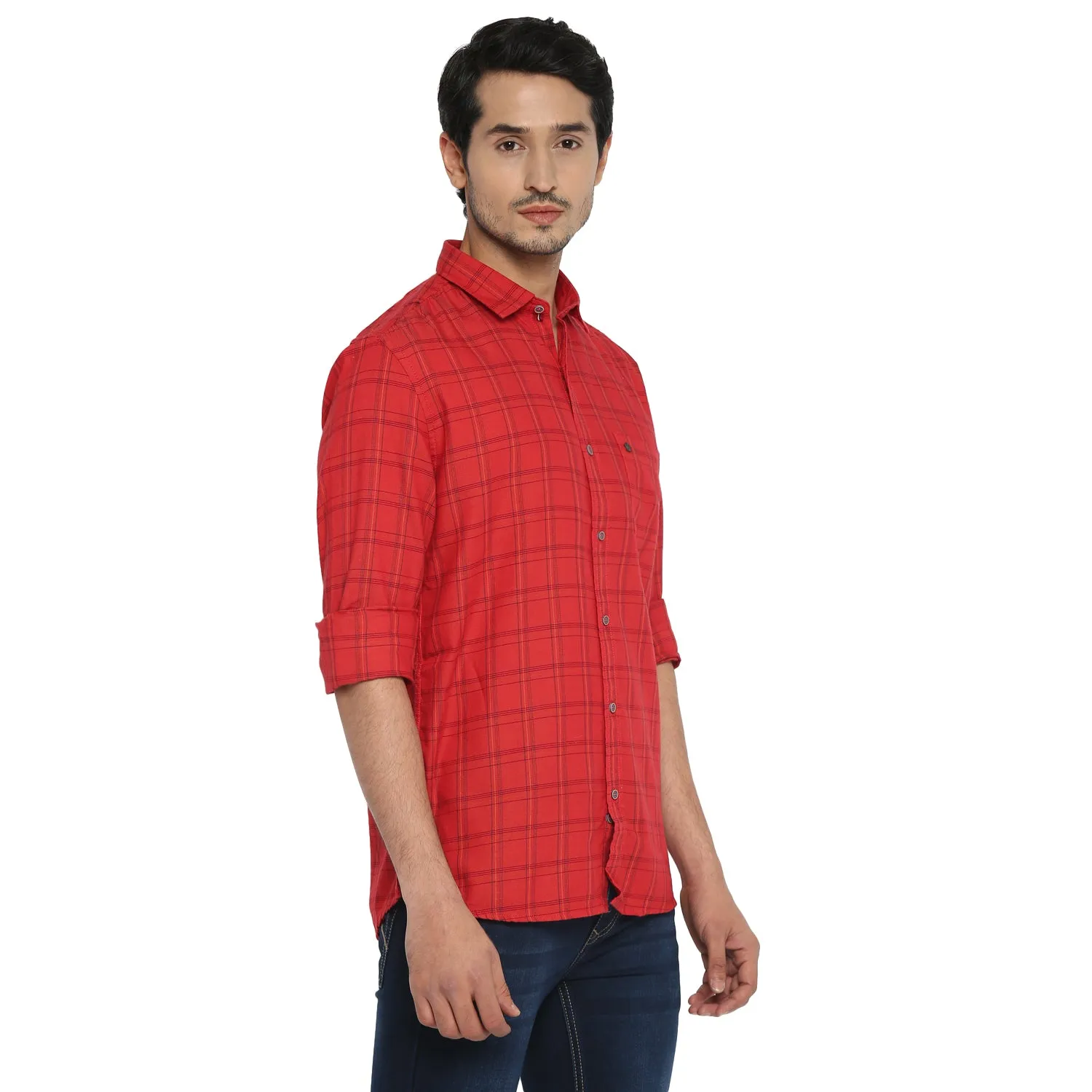 Cotton Red Checkered Slim Fit Casual Shirt