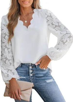 CUPSHE Women Floral Lace Scalloped Top Long Sleeve Shirts V Neck Blouses