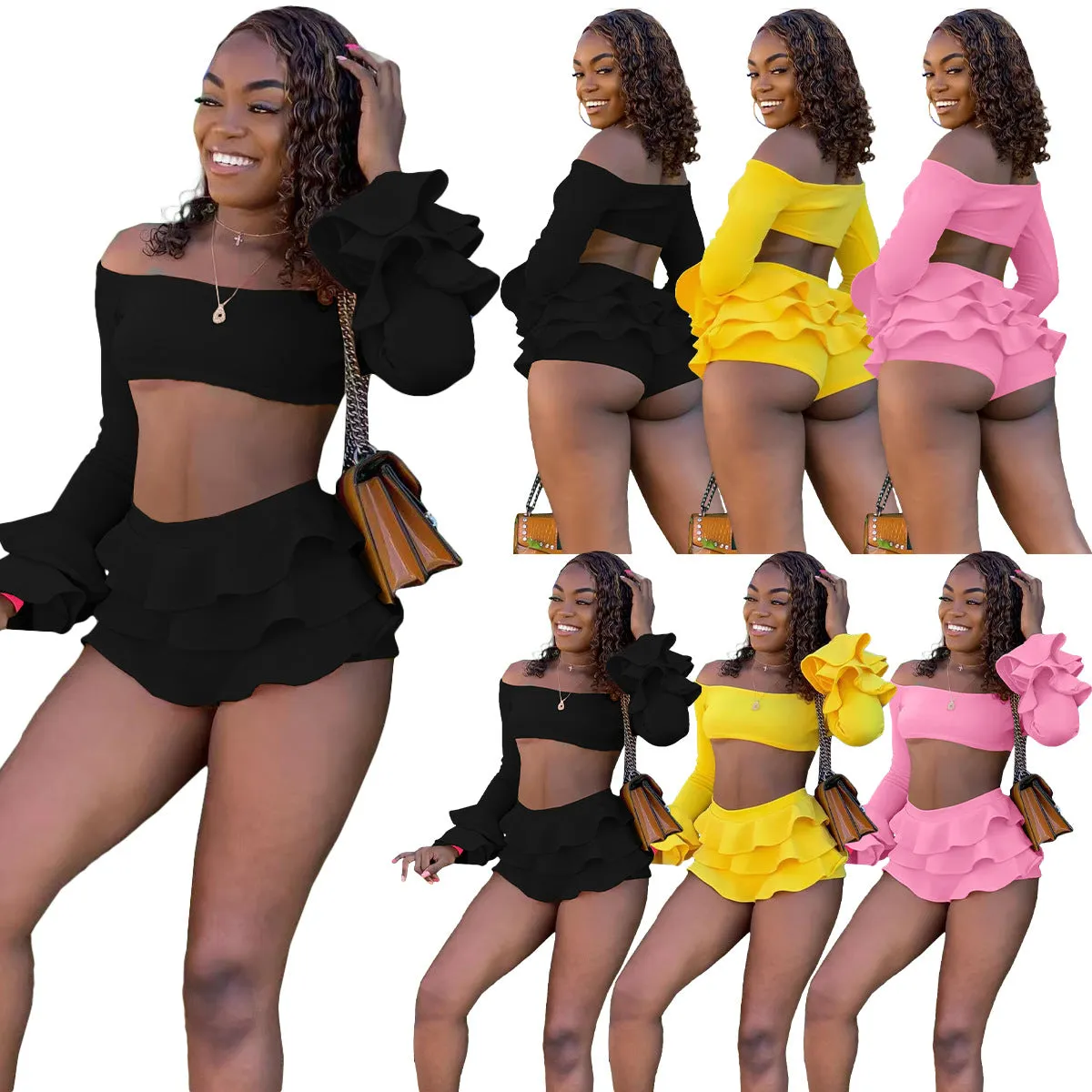 Cute off shoulder wooden ear edge bubble sleeve two-piece set AY2747