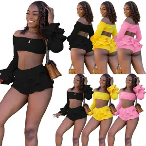 Cute off shoulder wooden ear edge bubble sleeve two-piece set AY2747
