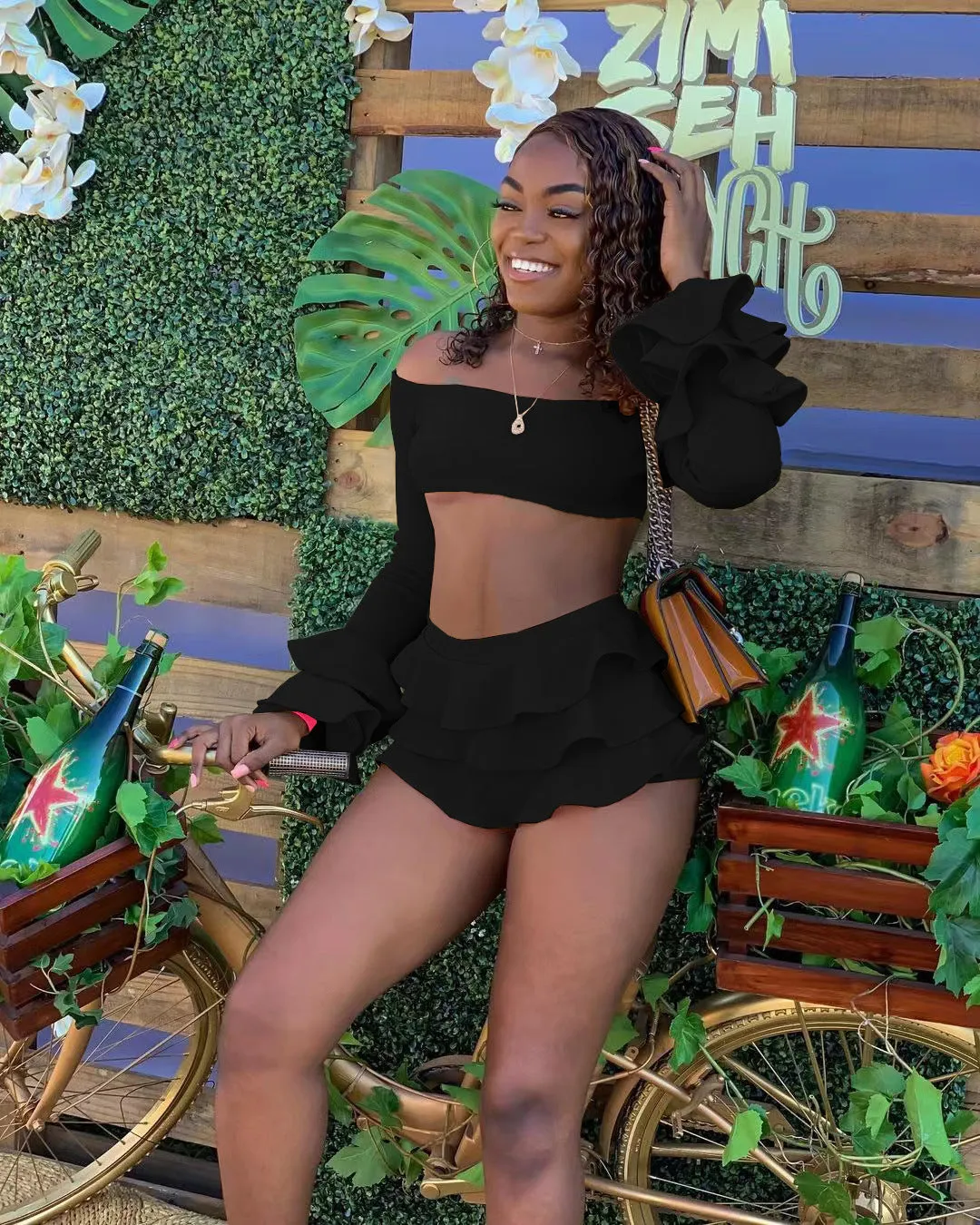 Cute off shoulder wooden ear edge bubble sleeve two-piece set AY2747
