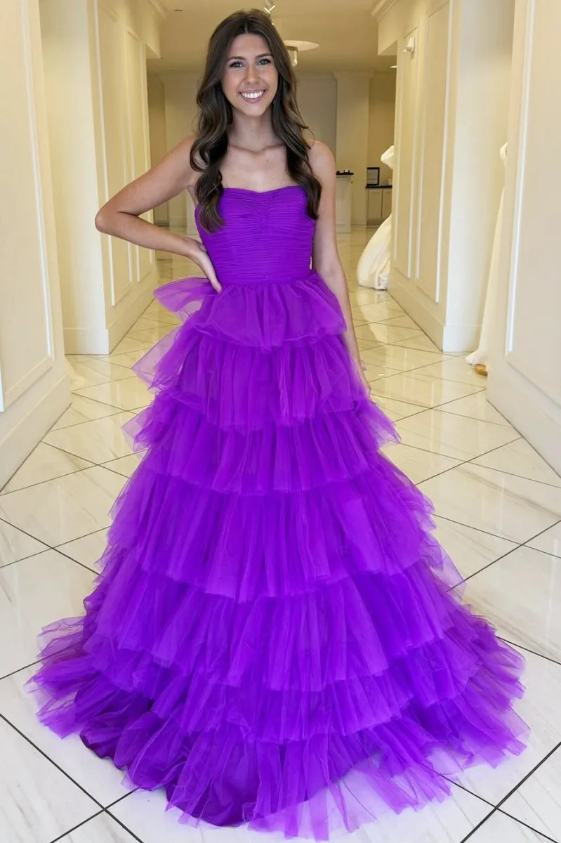 Daleyza |A-Line Strapless Tiered Tulle Prom Dress with Ruffles