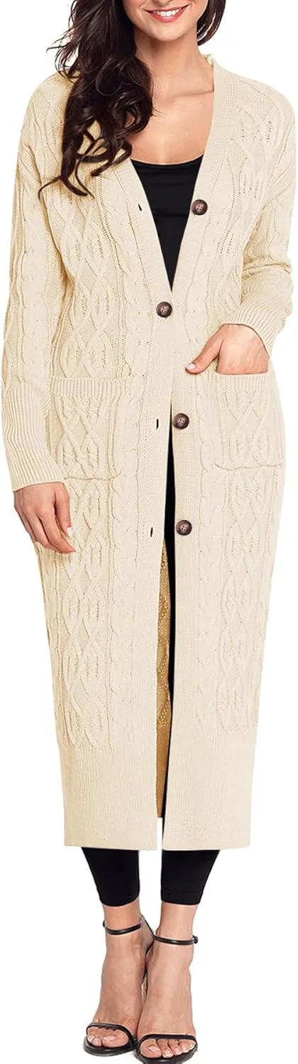 Danedvi Women's Long Cardigans Long Sleeve Cable Knit Button Down Open Front Chunky Knit Sweaters Coats with Pockets