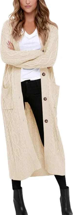 Danedvi Women's Long Cardigans Long Sleeve Cable Knit Button Down Open Front Chunky Knit Sweaters Coats with Pockets