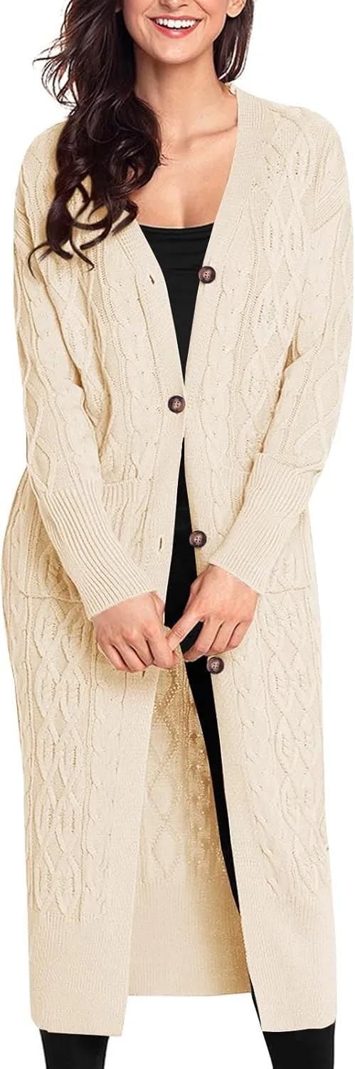 Danedvi Women's Long Cardigans Long Sleeve Cable Knit Button Down Open Front Chunky Knit Sweaters Coats with Pockets