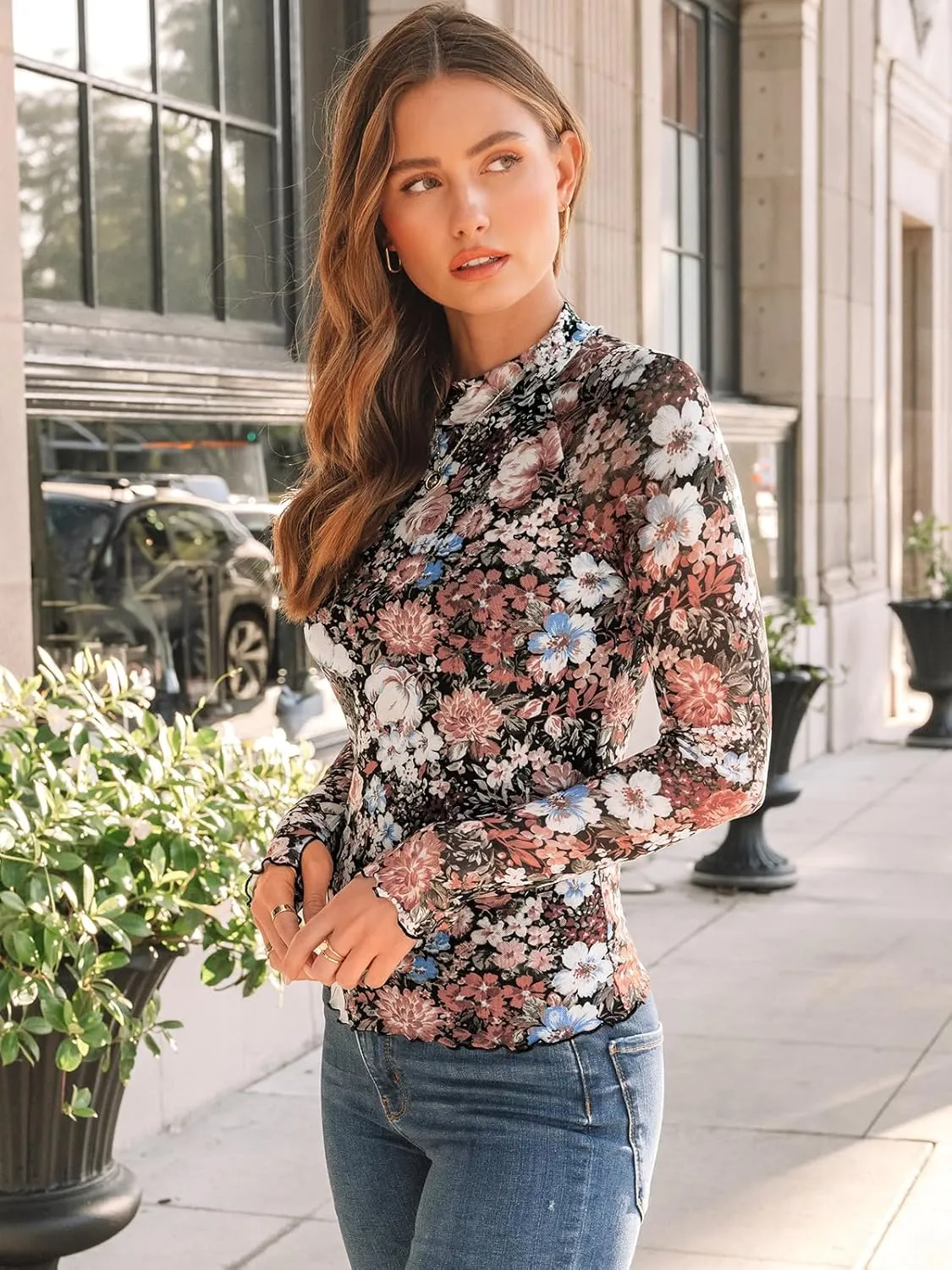 Dealmore Lace Long Sleeve Floral Mesh Mockneck Going Out Tops for Women Fashion Fall Outfits 2025