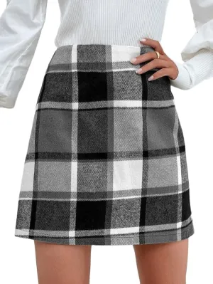 Dqbeng Plaid Skirts for Women High Waisted A Line Flannel Pencil Bodycon Skirt