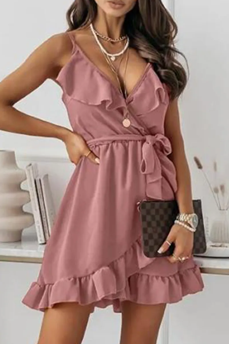 Dunnmall Fashion Elegant Solid Frenulum Flounce V Neck A Line Dresses