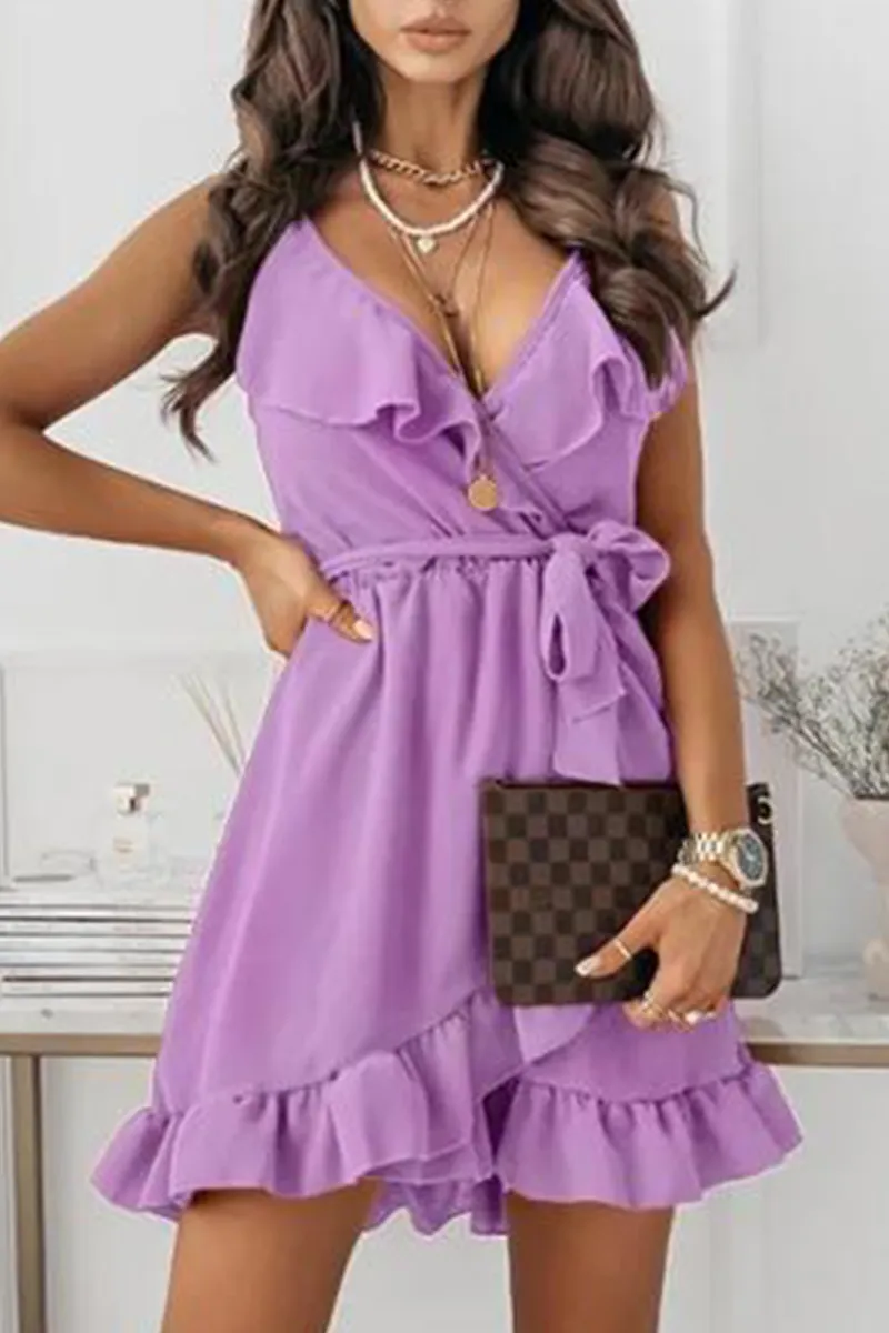Dunnmall Fashion Elegant Solid Frenulum Flounce V Neck A Line Dresses