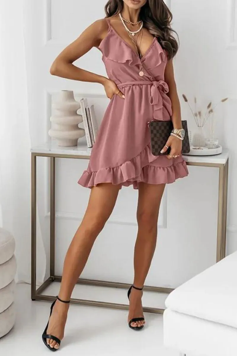 Dunnmall Fashion Elegant Solid Frenulum Flounce V Neck A Line Dresses