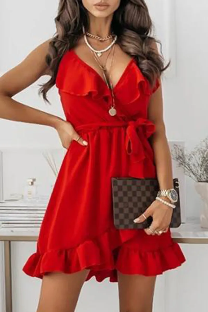 Dunnmall Fashion Elegant Solid Frenulum Flounce V Neck A Line Dresses