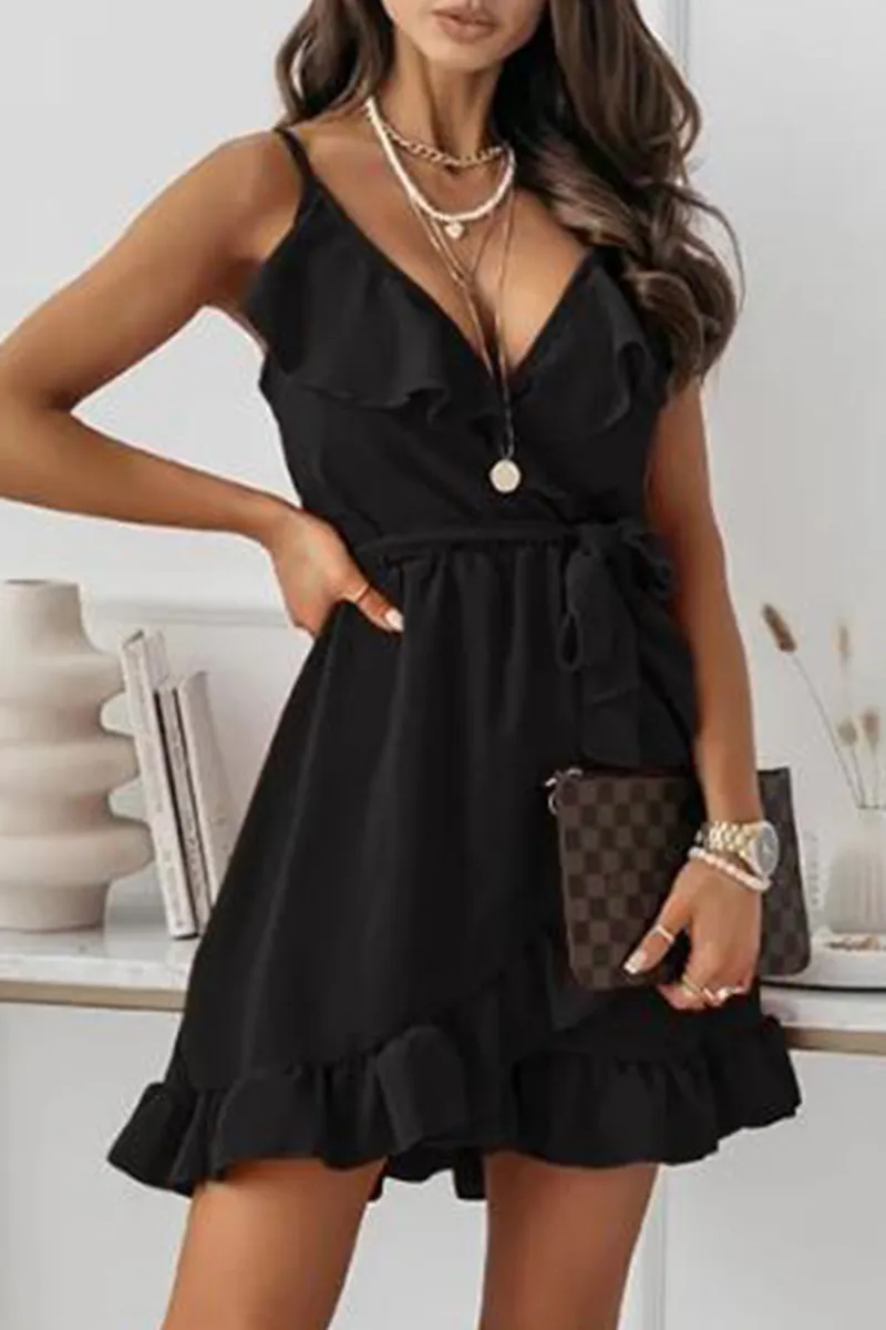 Dunnmall Fashion Elegant Solid Frenulum Flounce V Neck A Line Dresses