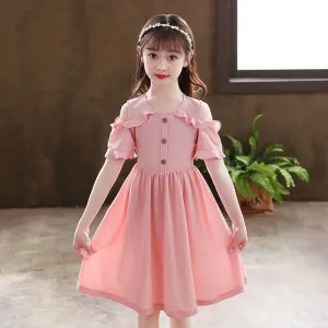 DUNNMALL  Girls' Summer Clothing Dress Summer New Pure Color A- line Skirt Little Girl Western Style Medium and Big Children off Shoulder Princess Dress