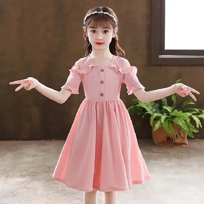 DUNNMALL  Girls' Summer Clothing Dress Summer New Pure Color A- line Skirt Little Girl Western Style Medium and Big Children off Shoulder Princess Dress